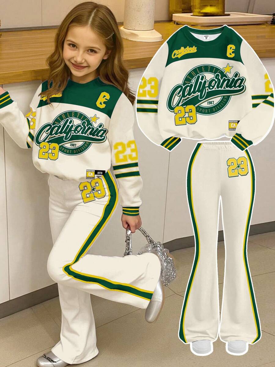 年轻女孩复古美式学院风运动数字23印花圆领长袖卫衣和喇叭裤套装 - 彩色 - 查看 1