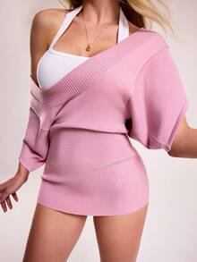 Women's Solid Color Low-Cut Short Sleeve Fitted Sweater - Pink - View 1