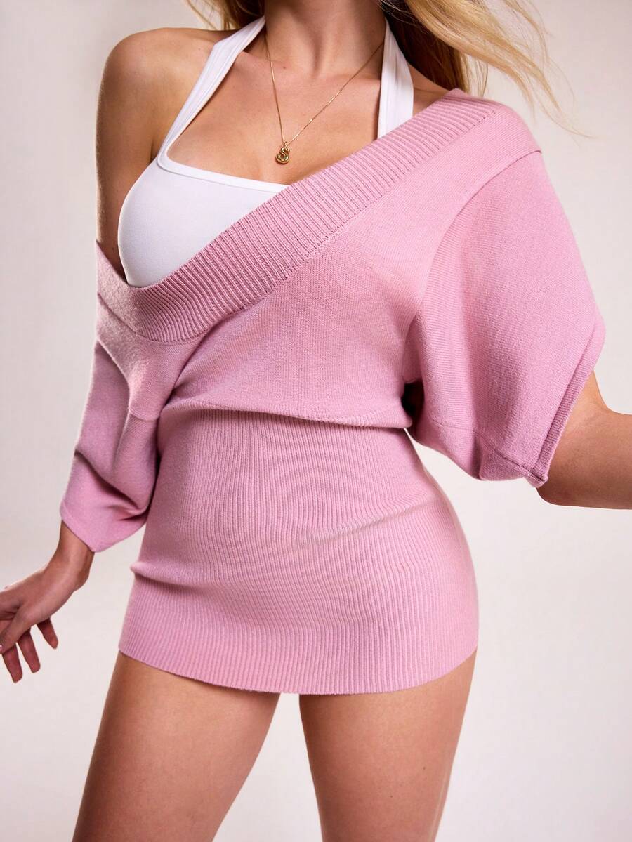 Women's Solid Color Low-Cut Short Sleeve Fitted Sweater - Pink - View 1