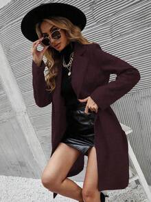 EMERY ROSE Women's Solid Color Notched Collar Raglan Sleeve Fashion Winter Woolen Coat - Red - View 3