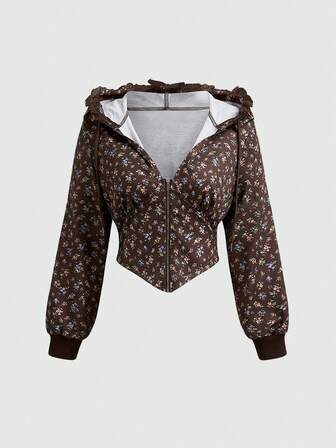 Sudadera con lazo de encaje de estilo Cottagecore para mujer de talla grande, suéter holgado con estampado floral marrón, estilo dulce y Kawaii para damas