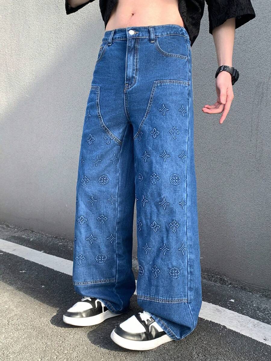 SHEIN 青少年男孩时尚休闲 Y2K 复古酷炫街头三维几何二次连续图案压纹设计蓝色牛仔宽松舒适牛仔裤日常穿着及春夏锐舞节和街头服饰 - 藍色 - 查看 1