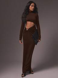 Hauture Women's Sexy Mock Neck Waist Hollow Cut Long Sleeve Maxi Dress With Stylish Metal Decor