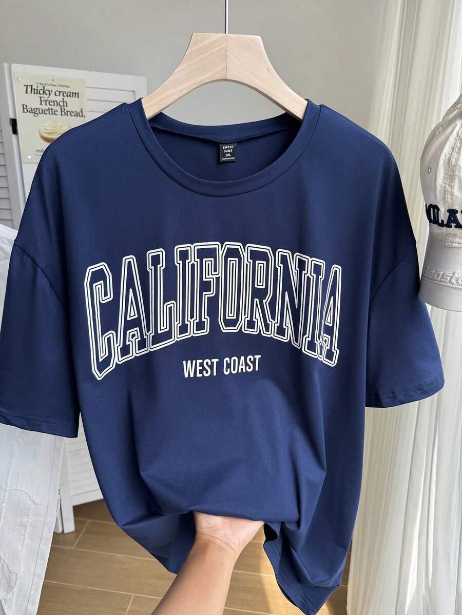 Comfortcana Plus Letter Graphic Drop Shoulder Tee California Plus Size T-Shirt - Navy Blue - View 1