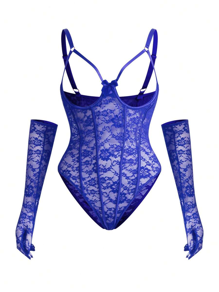SpicyHot Bộ đồ lót ren 3 món cỡ lớn kèm áo liền quần có gọng và găng tay - Màu xanh lam - Xem 1