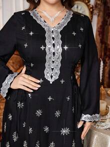 Al Najma Plus Size Women's Turkish Style Long Sleeve Maxi Dress, Beaded Embroidered Tie Waist Floral Lace Trim Arabian Traditional Kaftan - Black - View 3