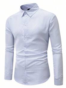 Manfinity Mode Kemeja Pria Ukuran Besar Lengan Panjang Bermotif Seluruh Permukaan Kancing Tunggal Kasual untuk Bisnis dan Kerja, Warna Biru Muda Musim Gugur, Motif Grafis Bergaya Klasik untuk Pria - Putih - View 6