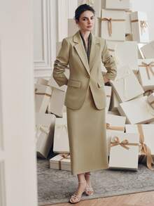 Anewsta 女士时尚商务套装，包含收腰西装外套和开衩裙摆半身裙，秋季款 - 綠色 - 查看 6