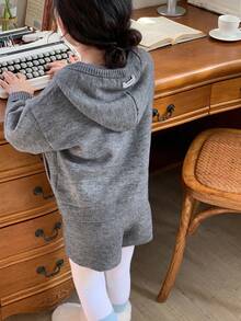 DAZY Young Girl' Hooded Solid Color Knitted Sweater And Knitted Shorts Set - Grey - View 7