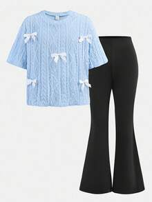 Serisse Kids 少女宽松针织提花圆领套头衫和喇叭裤两件套 - 淺藍色 - 查看 12