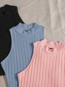 SHEIN EZwear 3 paquetes de camiseta de tirantes de punto de canalé de cuello alto de unicolor para el verano - Multicolor - Ver 5