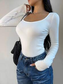 Fluxe 女士休闲纯色针织圆领长袖修身 T 恤，升级保暖面料，保暖内衬，不臃肿，修身弹力内衣 T 恤，适合秋冬季 - 白色 - 查看 5