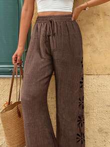 SHEIN Frenchy Women's Solid Color Hollow Out Twist Casual Pants - Chocolate Brown - View 8