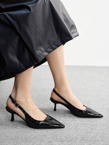 CUCCOO BIZCHIC 女士尖头细高跟黑色压纹时尚简约通勤OL高跟鞋，带踝带 - 黑色 - 查看 5