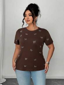 Elenzga Plus Size Women's Short Sleeve Rhinestone Embellished Bow Graphic T-Shirt - Brown - View 4