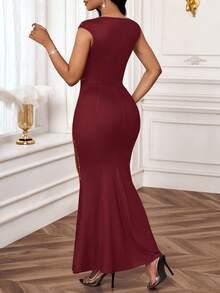 SHEIN Lady 女士时尚派对印花紧身连衣裙 - 酒紅色 - 查看 2