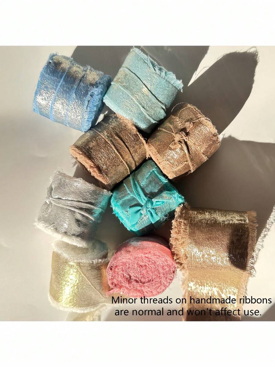 3卷4厘米宽 x 5码长金色箔雪纺丝带,毛边多色丝带,适用于DIY婚礼花束、请柬和圣诞蝴蝶结装饰 - 彩色 - 查看 1