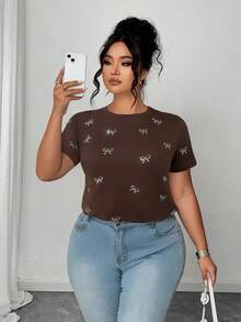 Elenzga Plus Size Women's Short Sleeve Rhinestone Embellished Bow Graphic T-Shirt - Brown - View 3