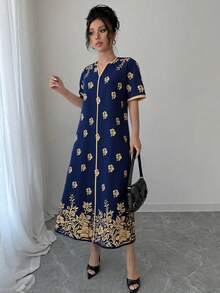SHEIN Elenzya Vestido largo recto de verano con cuello en V y mangas cortas, con estampado elegante para mujer - Azul Marino - Ver 3