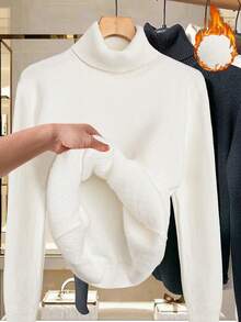 Linhara Áo len cổ cao tay dài màu trơn cỡ lớn dành cho nữ, thích hợp mặc mùa đông và mùa thu. - trắng - Xem 2