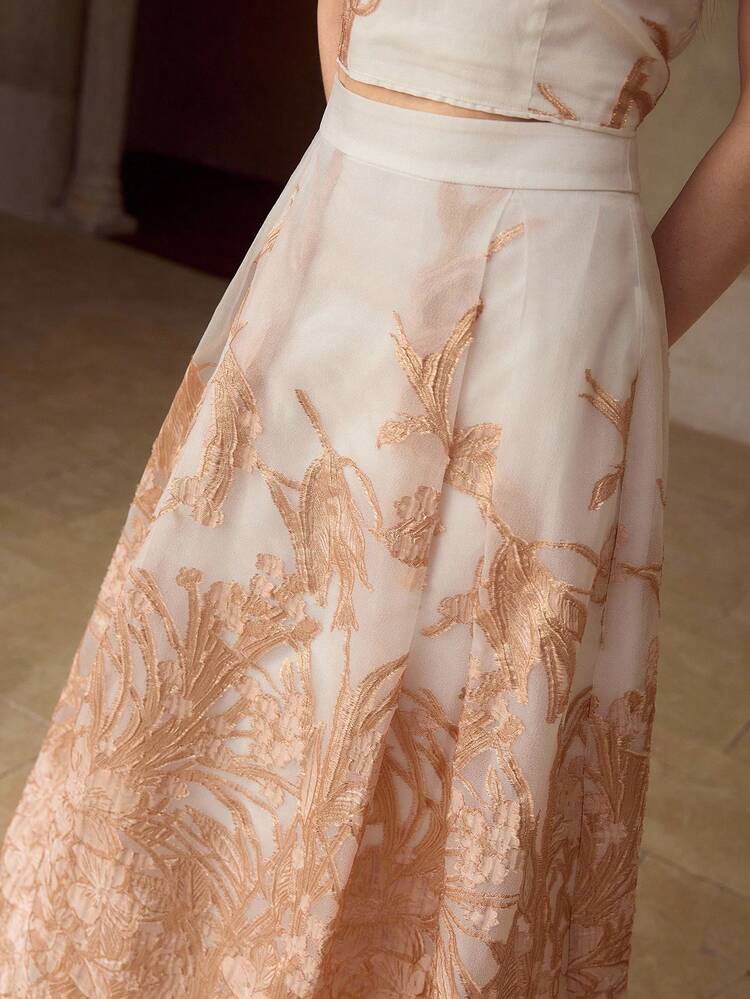 WOMEN'S CASUAL VACATION STYLE FLORAL JACQUARD SHIRRED BACK CROPPED CAMI TOP AND FLARED HEM SKIRT SET, SUMMER