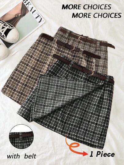 Franclia 大码女式格子腰带不对称短裙，适合秋冬季通勤穿着