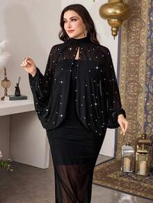 Modelyn 大码时尚网纱珍珠装饰长袖外套，修身优雅弹力两件套 - 黑色 - 查看 8