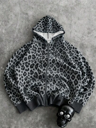 Glimmora Parte superior de uso exterior para mujeres, parte superior de otoño, otoño/invierno, diseño estampado, estampado de leopardo, exterior, vacaciones, fotografía callejera, imprescindible para mujeres, 100% llamativo, gris oscuro, sudadera para mujeres