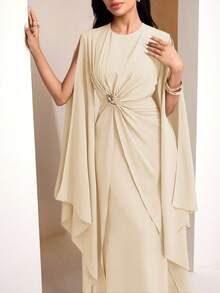 Veilorie Twist, Pleated, Decorated Button, Waist Cinched Elegant Summer Dress - Khaki - View 3