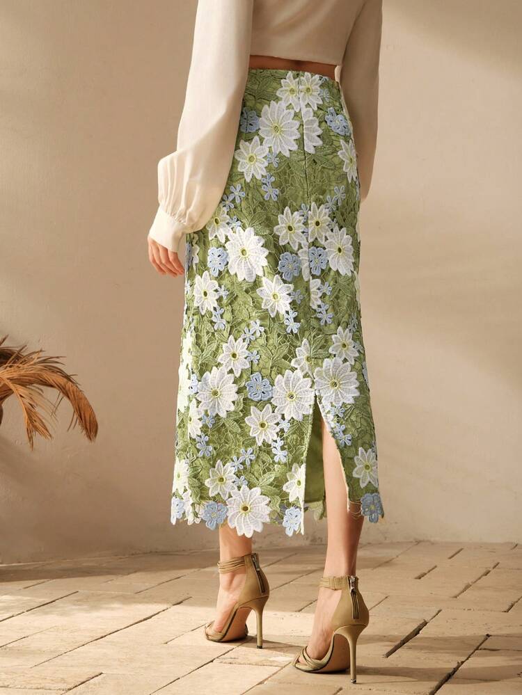 Elegant Contrast Color High-End Random Hollow Embroidered A-Line High Waist Women's Mid-Length Skirt