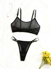 SHEIN 2pcs Sheer Mesh Bra And Panties Set, Sexy Transparent Lingerie Set For Large Bust