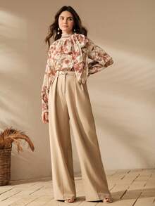 Anewsta 女士复古纹理雪纺印花优雅长袖衬衫，适合春夏音乐节穿着 - 卡其色 - 查看 4