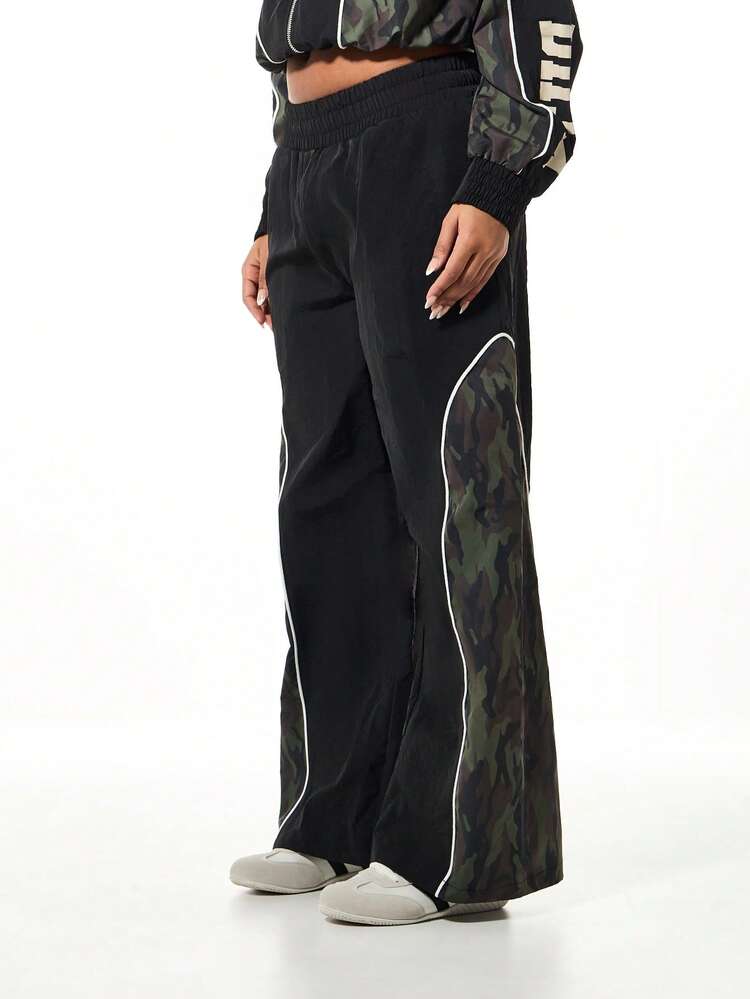 SUMWON Oversized Wide Leg Camouflage Panel Joggers With Elastic Waistband And Contrast Piping Details For Casual Streetwear