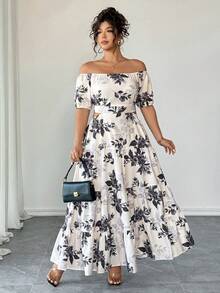 Vestido elegante con hombros descubiertos, cintura ceñida y estampado, talla grande - Albaricoque - Ver 4