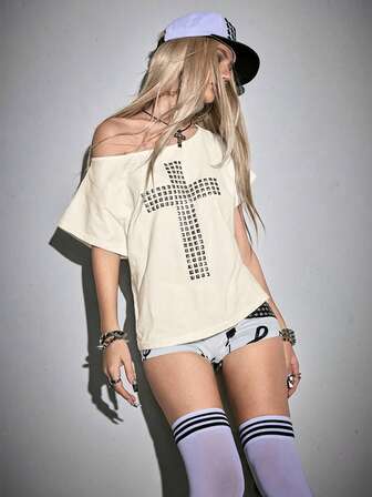 Grunge Punk Y2K Punk Cross Rivet Design Laser Cut Loose Fit Solid Color Versatile T-Shirt
