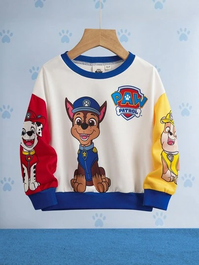 SHEIN | PAW Patrol 小男孩卡通小狗印花圆领宽松撞色拼布针织户外运动衫