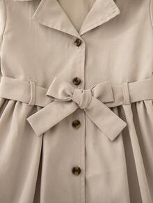 Girls' Solid Color Lapel Short Sleeve Tie Waist Dress - Grey - View 7