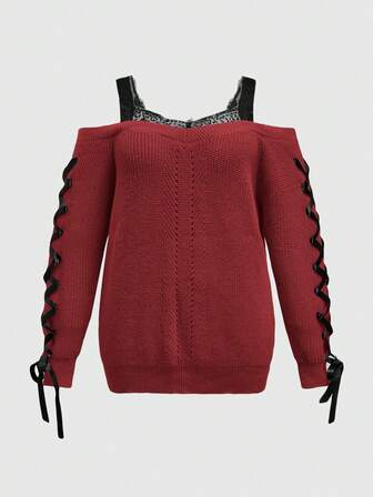 Maglione vintage monospalla con blocchi di colore e bordo in pizzo