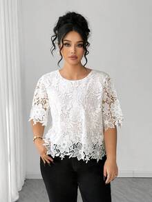 Elenzga Áo cánh tay ngắn khoét ren thanh lịch cỡ lớn dành cho nữ - trắng - Xem 5