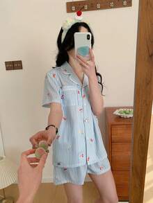 Women's Funny Print Classic Striped Open Front Patchwork Trim Comfortable Casual Short Sleeve Shorts 2 Pieces Pajama Set Pajama Short Sets For Women Summer Pajamas Teen Short Pajamas Cute Pj Set Summer Pajama Set Teen - Blue - View 3