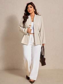 Elaquor Áo blazer nữ cỡ lớn, thanh lịch, tối giản, đa năng, có khóa kim loại ở eo, xếp ly, màu mơ, thích hợp cho mùa xuân. - Màu be - Xem 3
