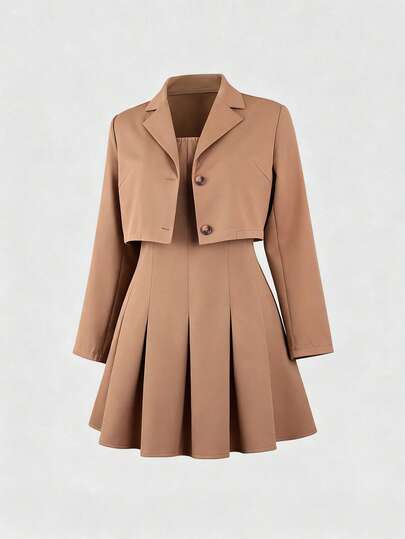 Sweetra 2pcs/Set Fashionable Short Blazer Jacket Paired With Solid Color Bodycon A-Line Dress, Versatile