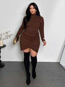 Firerie 大码新款秋冬舒适休闲优雅简约日常高领褶皱弹力裹身长袖连衣裙 - 棕色 - 查看 7