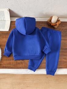 SHEIN 2pcs/Set Baby Boy Letter Print Hooded Sweatshirt And Elastic Waist Letter Print Pants, Suitable For Outings, Casual Wear, Autumn And Winter, Baby Boy Outfit, Gray Sweatshirt Set Baby Boy Sweatsuit Baby Tracksuit Baby Car Outfit Blue Baby Boy Street Wear - Blue - View 4