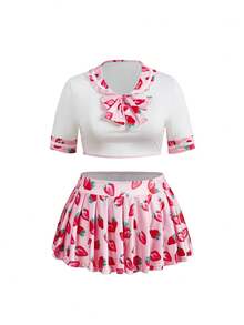 Valentine's Day Plus Size Sexy Strawberry Sweetheart Costume Cute Milk Silk Top + Thong + Mini Skirt 3-Piece Set - Multicolor - View 7