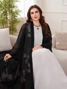 Al Najma Women's Chiffon Jacquard Elegant Loose Fit Plus Size Abaya Robe, Long Sleeve - Black - View 3