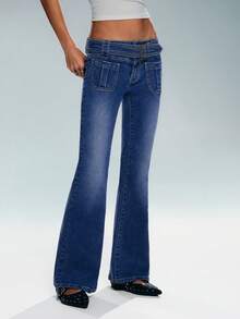 TRNVIE 女士低腰时尚百搭喇叭裤 - 藍色 - 查看 3