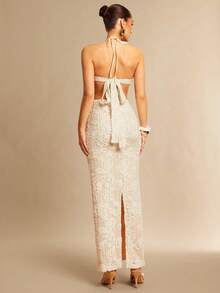 Silquee Women's Halter Neck Mesh Knit Jacquard Dress, Spring/Summer - White - View 2