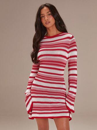 Athîral Women's Red And White Striped Boat Neck Bell Sleeve Fitted Striped Casual Knit Sweater Dress ,Vacation Mini Dress,Women's New Year's Eve Dresses,Christmas Dress,Winter Outfit For Women,Red Dress Women,Valentine's Day Outfit