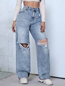 Flexra Plus Size Women Casual Everyday Washed Distressed Non-Stretch Denim Jeans - Light Wash - View 4